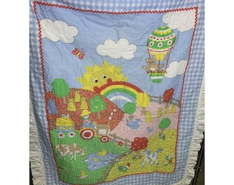 Vintage 90s 48X39" Baby Farm Sunshine Rainbow Hot Air Balloon Crib  Quilt