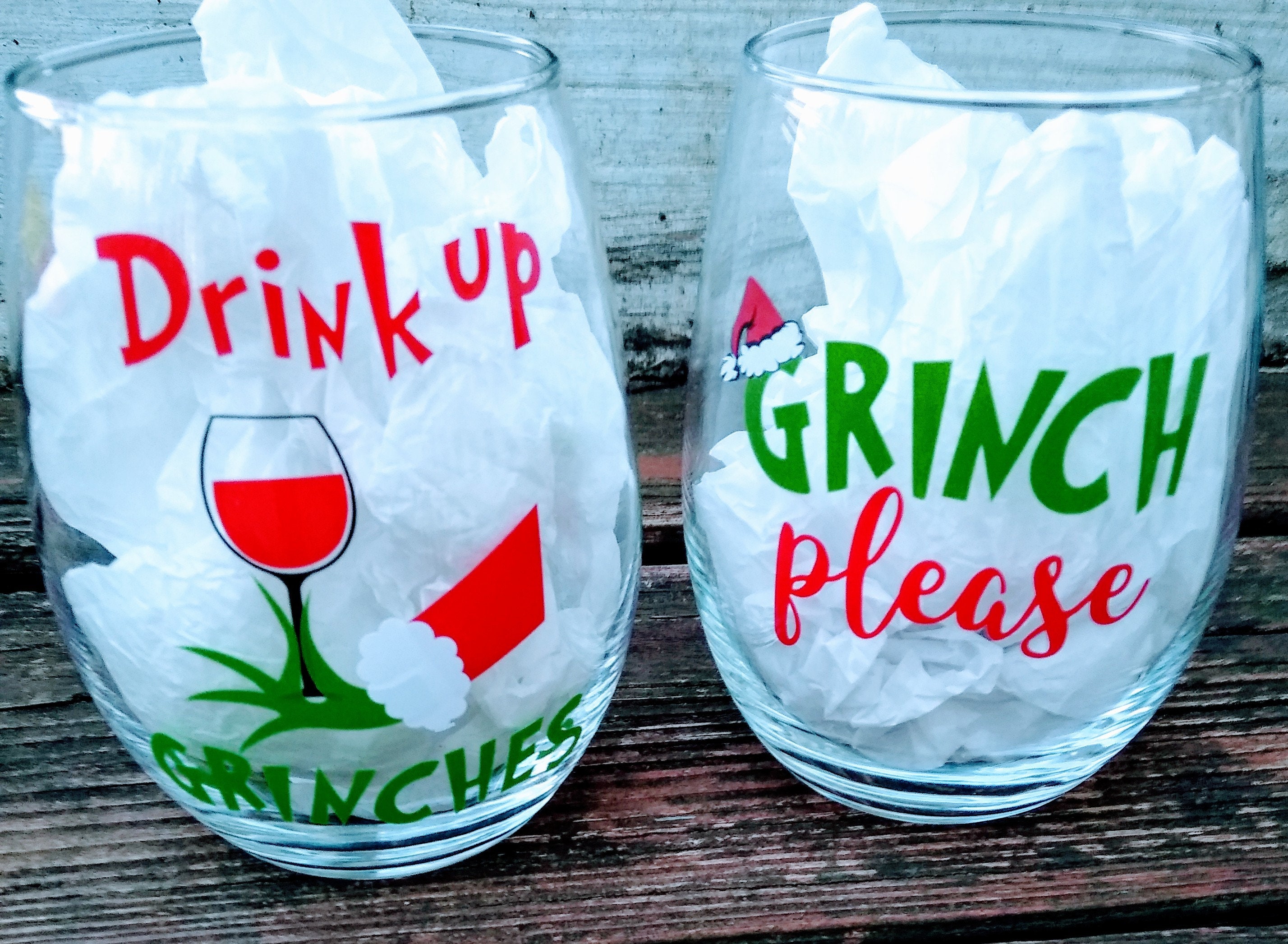 Set of 2 Christmas The Grinch stemless wine glasses drink up Etsy