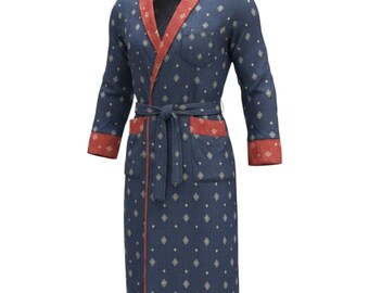 Vintage Playboy Mens Navy Blue Geometric Diamond Print Lounge Robe Size M Peru