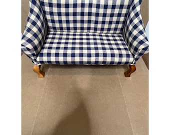 Tender Art Collection Miniature Sofa Blue White Gingham Check Doll Settee 15.5in