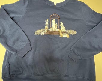 Rebecca Malone Womens Navy Embroidered Nativity Scene Christmas Sweatshirt L VTG