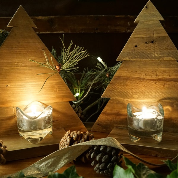 Handmade Christmas Tree Candle Holder for Tea Light Candles Reclaimed Wood