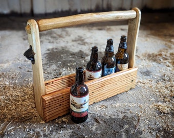 Handmade Beer Caddy Reclaimed Wood Carved Handle and Cast Iron Bottle Opener / Holds 6 Bottles / Beer Caddie