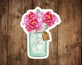 Peony sticker, Flower vase sticker, pink Peony sticker, peony vinyl sticker, pink flower sticker, floral water bottle sicker