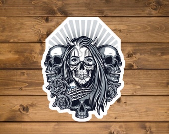 Evil girl Sticker, aesthetic skeleton sticker, girly skull sticker, small laptop sticker, water bottle sticker, die cut sticker