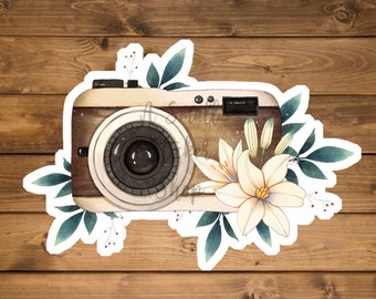 Watercolor Brown Camera sticker, Photography sticker, Floral camera sticker, small cute sticker, waterproof vinyl sticker, clear stickers