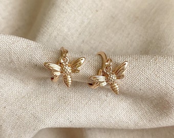 THE AMY EARRINGS, gold plated bee earrings, gold bee dainty huggies, Christmas gifts