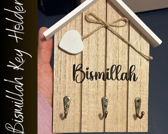 Bismillah Sign Key Holder for Wall, Islamic key organizer hook for wall decor, Muslim Housewarming Gift, Wall mounted Wooden Key Holder