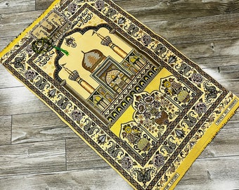 Bibi Sakina Bint Al Hussain Muharram Black and Gold Embroidered Sajdagah decorative mat, Shia Turbah Mohr prayer rug, Karbala Alam Panja Mat