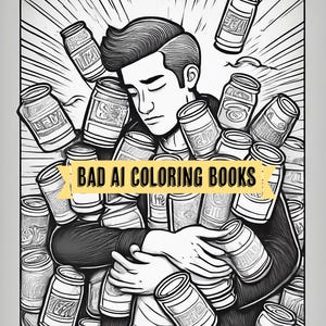 May include: A black and white illustration of a person surrounded by many cans. The person is holding the cans close to their body. The text "BAD AI COLORING BOOKS" is written in a banner across the top of the image.