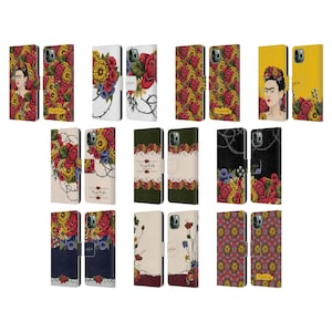 Funda oficial de la cartera de libros de cuero Frida Kahlo Red Florals para teléfonos Apple iPhone