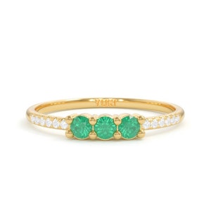 14k 3 Stone Emerald and Diamond Ring | Half Eternity Band | Stacking Ring | Dainty Emerald Engagement Ring | Emerald Ring | May Birthstone