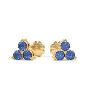 14k Blue Sapphire Cluster Earrings | Three Stones Stud Earring | September Birthstone | Sapphire Earrings