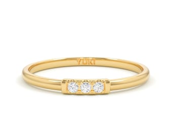 14k Diamond Engagement Ring | Diamond Three Stone Ring | Dainty Stacking Ring 3 Stone | Minimalist Wedding Band | Minimalist Solid Gold Ring
