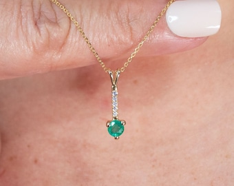 Emerald Solitaire Necklace | Emerald Solitaire and Diamond Pendant | Emerald Pendant | May Birthstone Necklace | Solitaire Pendant