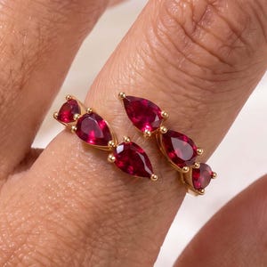 Ruby Pear Cut Bypass Ring, 14k Gold Open Cuff Wedding Band