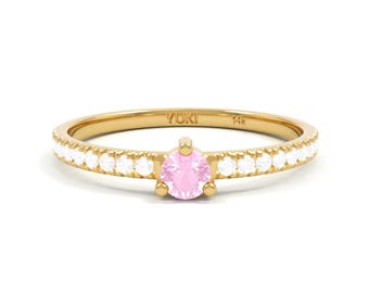 14k Pink Sapphire Solitaire Ring | Dainty Pink Sapphire and Diamond Engagement Ring