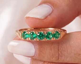 14k Five Stone Emerald Ring | Emerald Stacking Ring | Dainty Ring | Wedding Band | Emerald 5 Stone Ring | Wedding Ring | May Birthstone