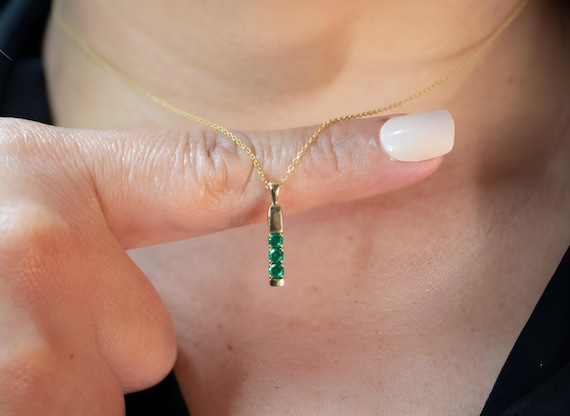14k Emerald Necklace | Minimalist Gold Bar Necklace with Emerald | Solid Gold Dainty Emerald Pendant | May Birthstone Necklace
