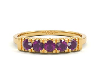 14k Amethyst Five Stones Ring | Amethyst and Gold | 5 Stones Amethyst Ring | February Birthstone Jewelry | Amethyst Stacking Ring