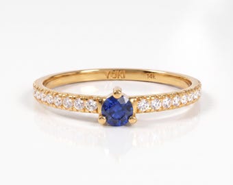 14k Sapphire  and Diamond Half Eternity Ring, Dainty Sapphire Solitaire Ring