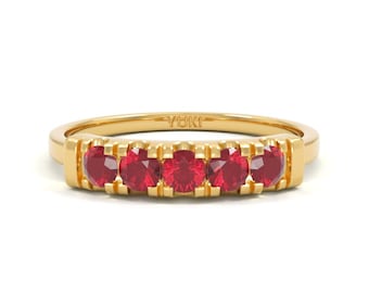 14k Ruby Five Stones Ring | Ruby and Gold Ring | 5 Stones Ruby Ring | July Birthstone Jewelry | Ruby Stacking Ring | Ruby Wedding Ring
