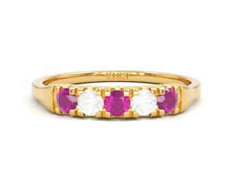 14k Rhodolite Garnet and Diamond Ring | Alternate Diamond and Garnet Ring  | Rhodolite Garnet Ring | January Birthstone Ring