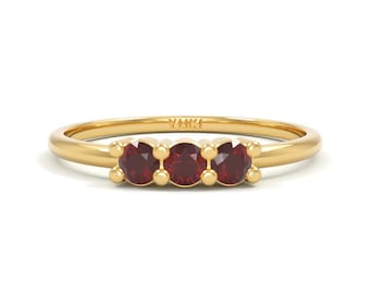 14k 3 Stones Red Garnet Ring | Dainty Garnet Ring | Garnet Stacking Ring | Garnet Gold Ring  | three Stones Garnet Ring | January Birthstone