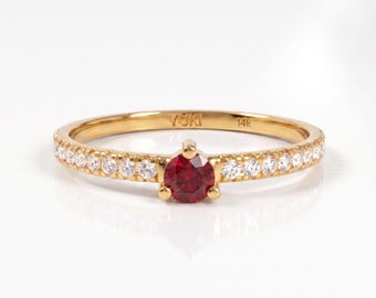 14k Ruby and Diamond Half Eternity Ring, Dainty Ruby Solitaire Ring