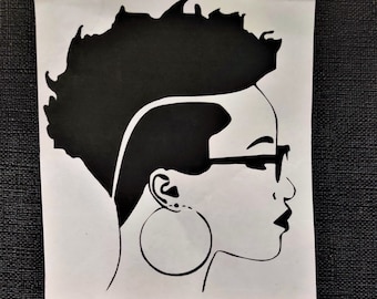 May include: Black and white silhouette of a person with short, curly hair wearing glasses and large hoop earrings.