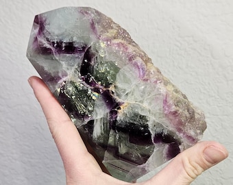 Rainbow Fluorite Tower – Polished Fluorite Point with Raw Edge – Purple Green Fluorite – Natural Crystal Decor