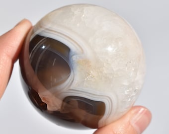 Agate & Clear Quartz Sphere – Banded Agate with Druzy Quartz – Polished Crystal Sphere – Brazil