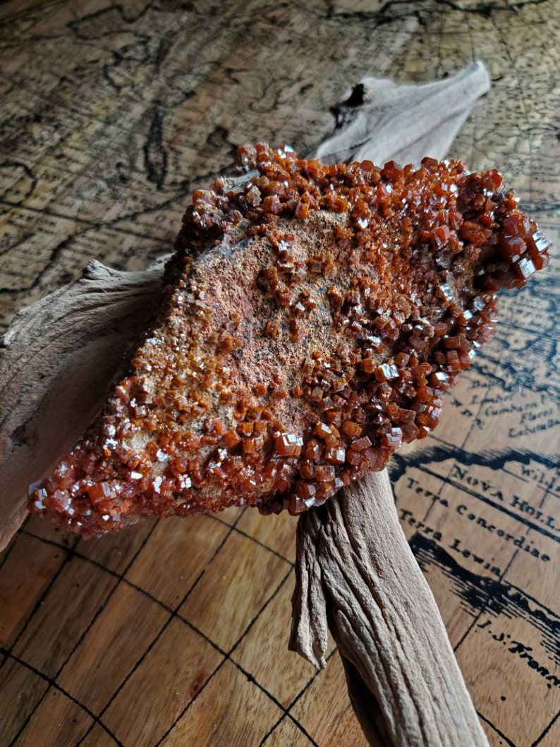 May include: A cluster of orange-brown crystals on a rough, brown rock. The rock is resting on a piece of driftwood.