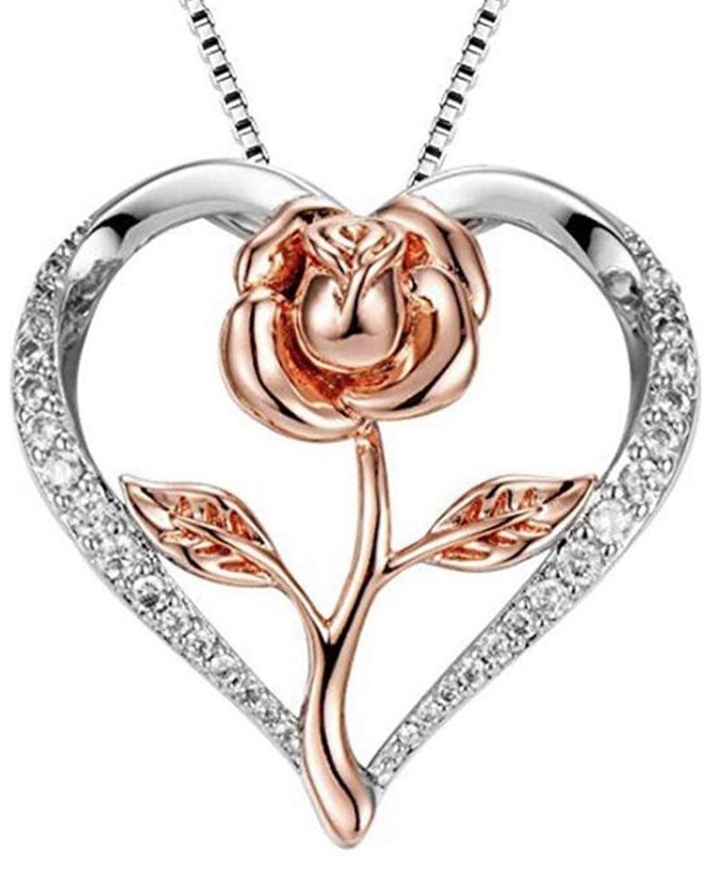Silver Rose Gold Two Tone Flower Pendant Necklace
