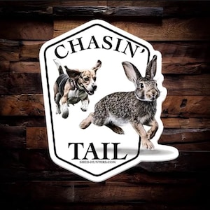 May include: White sticker with a black border and rounded corners. The sticker features a cartoon beagle dog chasing a rabbit. The text "CHASIN' TAIL" is at the top of the sticker, and the text "SHED-HUNTERS.COM" is at the bottom.