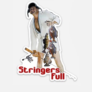 May include: A man in a white robe and a winter hat holds a fishing rod with a stringer full of fish. The text "Stringers Full" is written in red below the man.