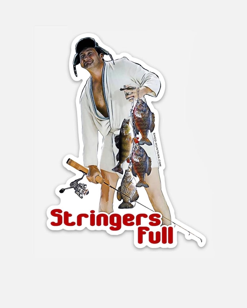 May include: A man in a white robe and a winter hat holds a fishing rod with a stringer full of fish. The text "Stringers Full" is written in red below the man.