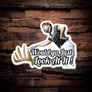 Op de afbeelding: Een witte sticker met een cartoonafbeelding van een man die naar een gewei wijst. De tekst op de sticker luidt "Would ya Just Look At It!"