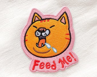 Feed Me! Hangry Cat Patch | hungry drooling orange and pink cat | Embroidered Iron-on Patch