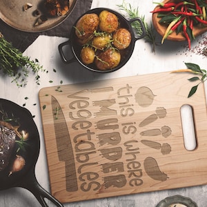 This is where i murder vegetables cutting board, premium quality made of maple chopping board, humorous kitchen accessories utensils