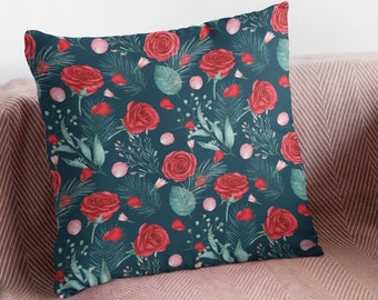 Roses and greens spun polyester square pillow case, unique red and leaves flowers, floral pillow gifts for mom, friends, sister, or family