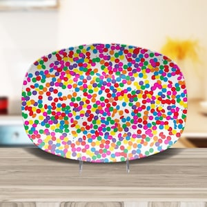 Confetti dots celebration dinnerware, colorful platters and plates, birthday celebration decoration, unique kids teen fun bday dish