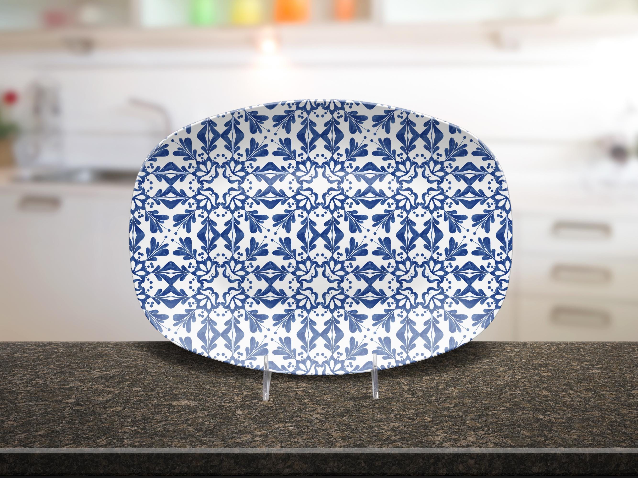 Moroccan blue tiles inspired decorative bowl platter and plate gift ideas, housewarming outdoor gifts for friends family, and new neighbors