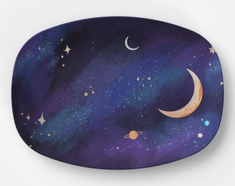 Starry night plating dishes, stars, and moon designs, beautiful night sky platter gifts, fantasy decorative plate gifts, twilight aesthetic