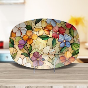 Light festive stained glass inspired dinnerware platters plates, house party decoration, unique hostess plating dish, floral platter gifts
