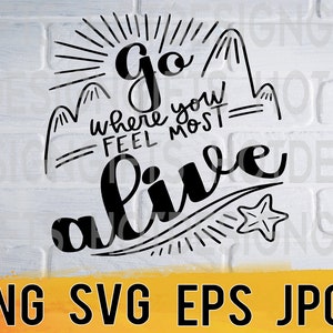 Go where you feel most alive svg png eps jpg design files, travel vacation freedom quotes, easy fast instant download for commercial use