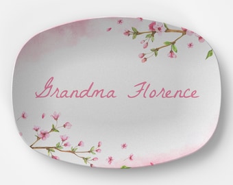 Sakura spring flowers name plating dish, customized beautiful blossoms gift platters, elegant gifts for women who loves flowers and gardens