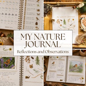 Może przedstawiać: Dziennik przyrodniczy w oprawie spiralnej zatytułowany My Nature Journal: Reflections and Observations. Strony zawierają ilustracje ptaków, owadów, liści i szyszek oraz sekcje do zapisywania pogody, codziennych obserwacji i przemyśleń.