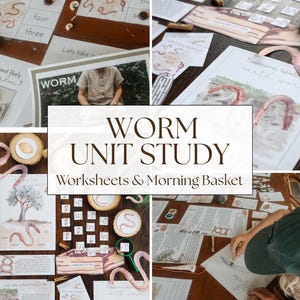 May include: A collection of educational materials titled WORM UNIT STUDY Worksheets & Morning Basket, featuring printed pages with illustrations of worms, trees, and taxonomic labels, alongside wooden discs and a green magnifying glass.