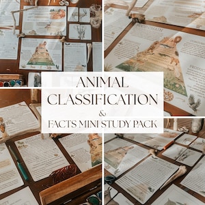 Puede incluir: Un conjunto de materiales educativos, incluyendo hojas y tarjetas impresas, dispuestas sobre una superficie de madera. El texto "ANIMAL CLASSIFICATION & FACTS MINI STUDY PACK" se muestra de forma destacada. Los materiales presentan ilustraciones y texto sobre ciencia animal.